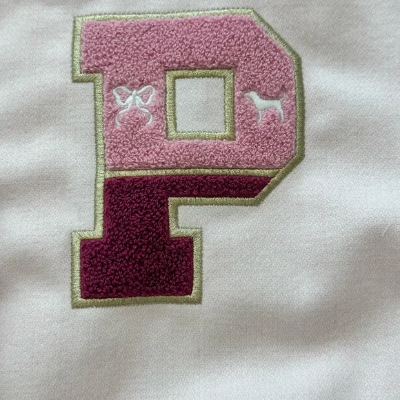 LoveShackFancy Pink and White Varsity Jacket with Embroidered P Patch - Picture 5 of 7